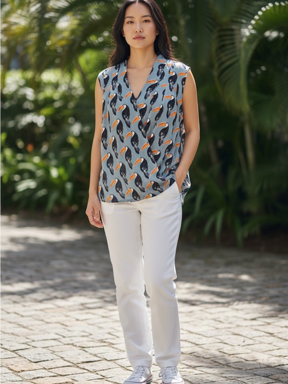 Ann Taylor Factory Light Blue Toucan-Print Sleeveless V-Neck Top